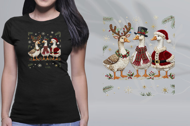 Embroidered Christmas Geese Trio Plaid Santa Reindeer PNG example image 1