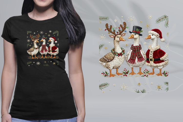 Embroidered Christmas Geese Trio Plaid Santa Reindeer PNG