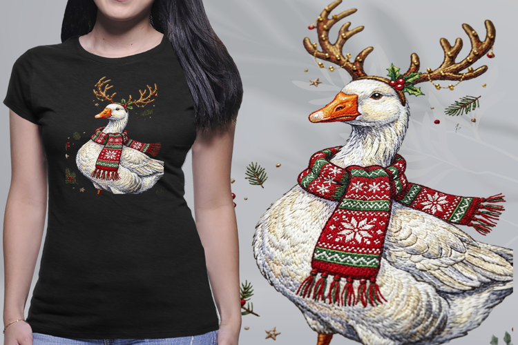 Embroidered Christmas Goose Reindeer Scarf PNG