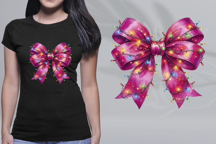 Watercolor Pink Ribbon Bow Glowing Christmas Lights PNG