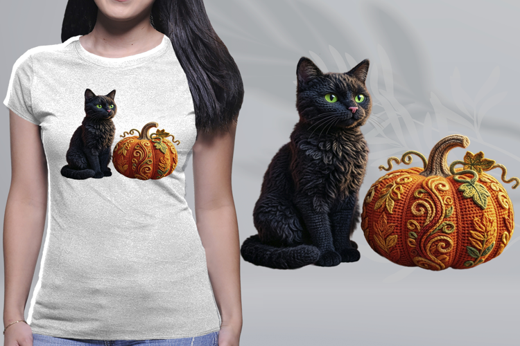 Embroidered Black Cat Embroidered Pumpkin PNG
