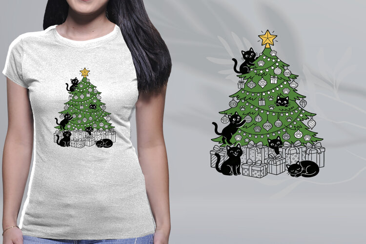 Minimalist Black Cats Christmas Tree Line Art PNG example image 1