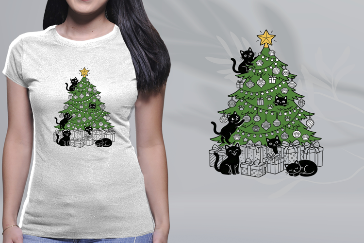 Minimalist Black Cats Christmas Tree Line Art PNG