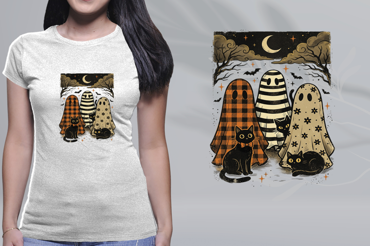 Vintage Halloween Ghosts Black Cats Crescent Moon PNG