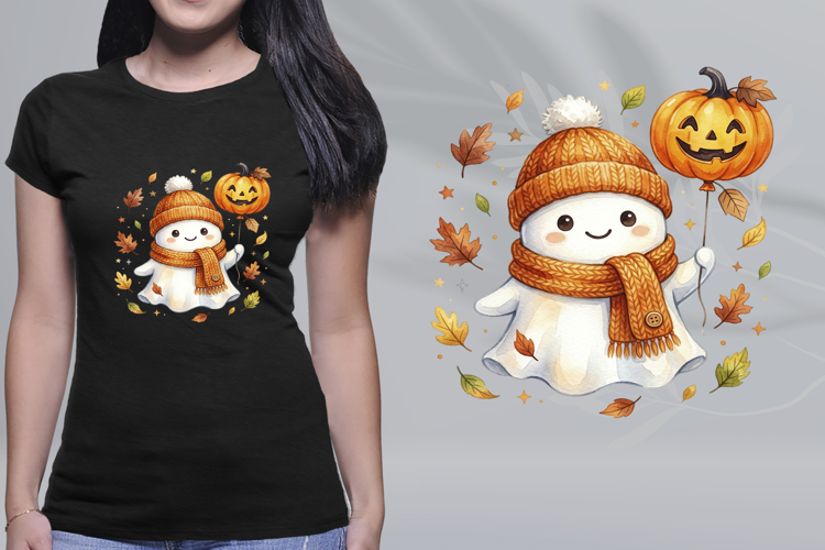 Cute Ghost Beanie Scarf Pumpkin Balloon Fall PNG