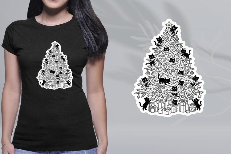Black Cats Christmas Tree Sticker Decal Line Art PNG example image 1