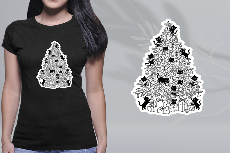 Black Cats Christmas Tree Sticker Decal Line Art PNG