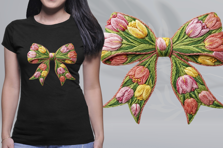 Embroidered Spring Tulip Bow Coquette PNG