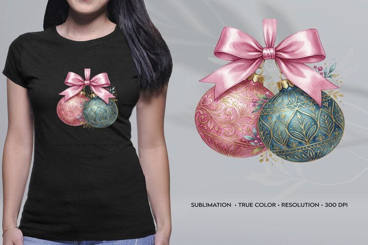 Watercolor Christmas Ornaments Pink Ribbon PNG example image 1
