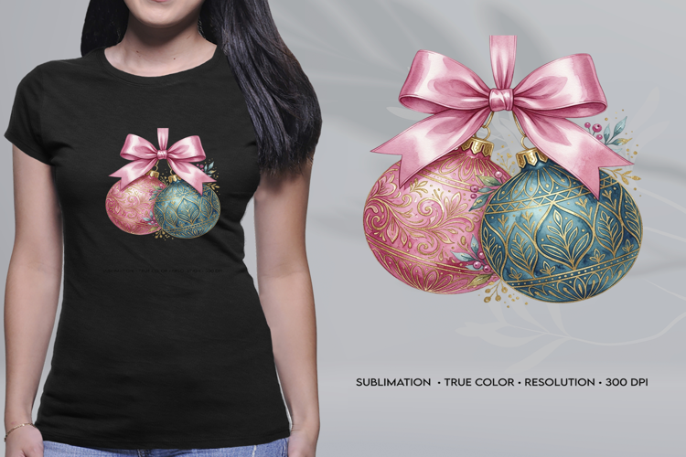 Watercolor Christmas Ornaments Pink Ribbon PNG