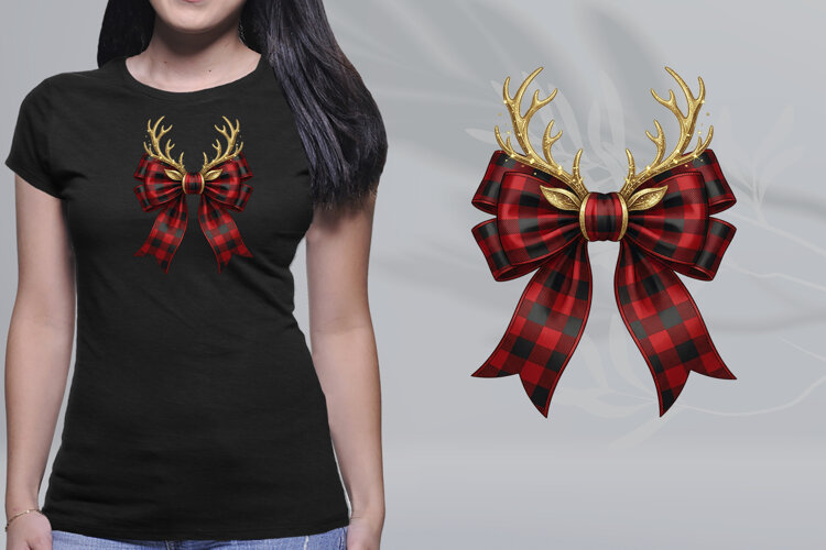 Red Buffalo Plaid Bow Gold Glitter Antlers PNG example image 1