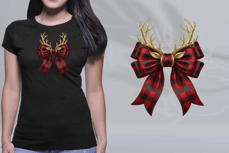 Red Buffalo Plaid Bow Gold Glitter Antlers PNG