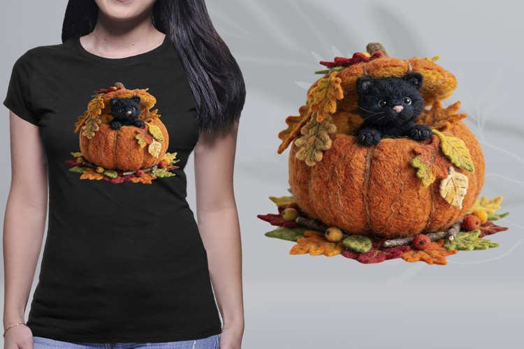 Felted Black Cat Inside Autumn Pumpkin PNG