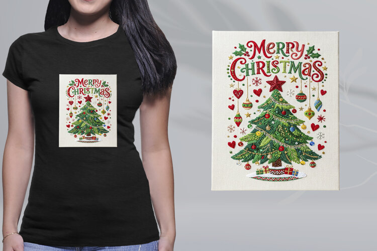 Embroidered Christmas Tree Merry Christmas Canvas PNG example image 1