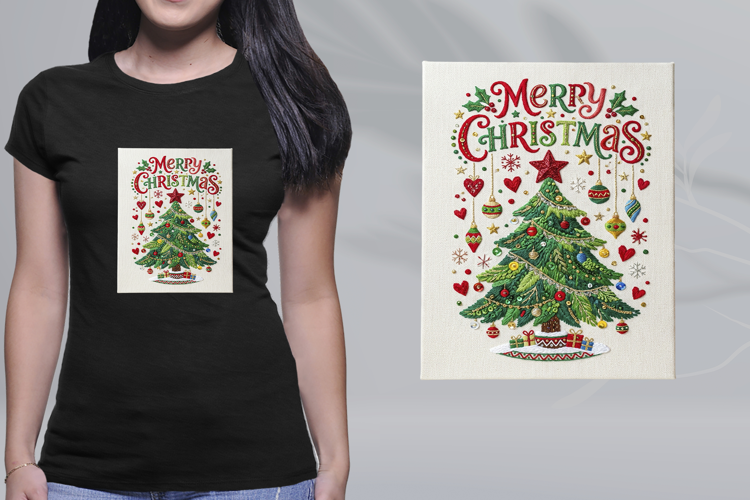Embroidered Christmas Tree Merry Christmas Canvas PNG