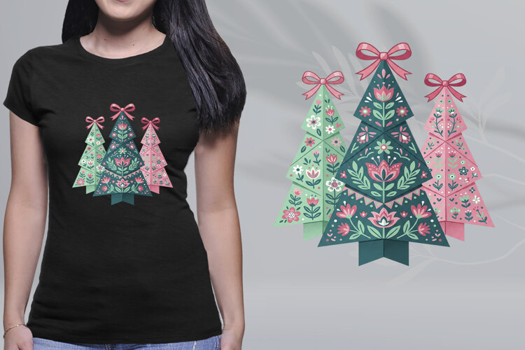 Folk Art Christmas Trees Trio Coquette Pink Bows PNG example image 1