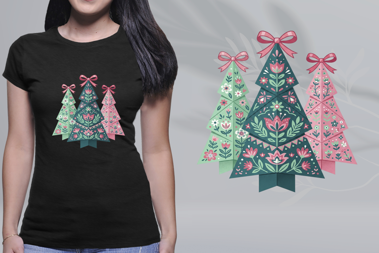 Folk Art Christmas Trees Trio Coquette Pink Bows PNG
