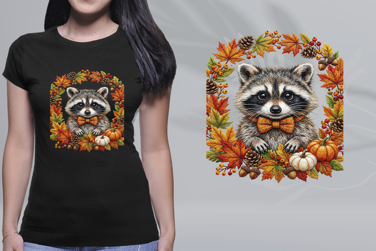 Embroidered Autumn Raccoon Wreath Bowtie PNG
