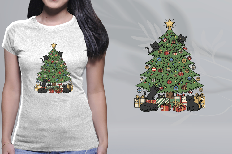Cute Black Cats Christmas Tree Playful Graphic PNG