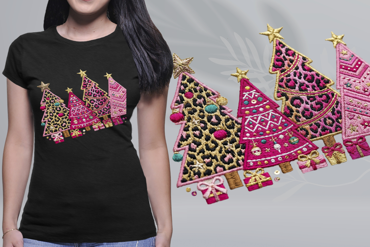 Embroidered Pink Leopard Christmas Trees PNG