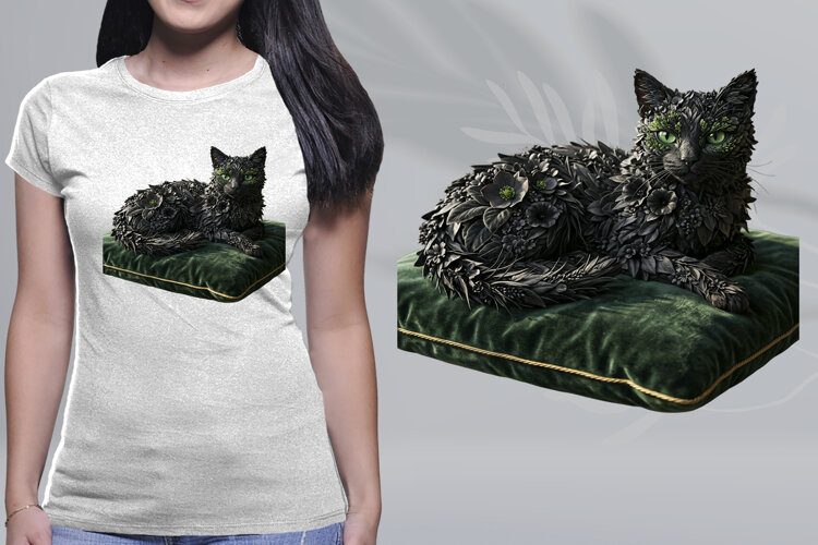 Gothic Black Floral Cat Emerald Pillow Graphic PNG example image 1