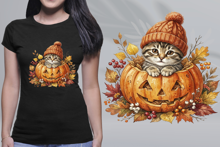 Watercolor Kitten in Pumpkin Autumn Beanie PNG