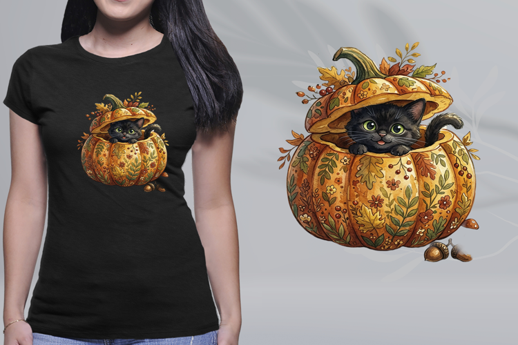 Watercolor Black Cat Floral Pumpkin Autumn PNG