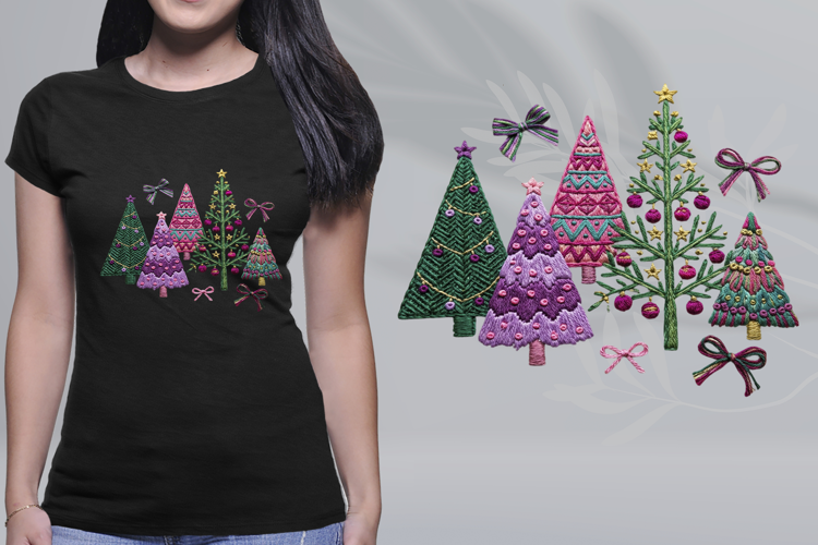 Embroidered Christmas Trees Bows Pastel Goth PNG