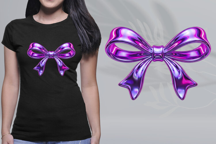 Y2K Liquid Chrome Bow Purple Magenta Metallic PNG example image 1