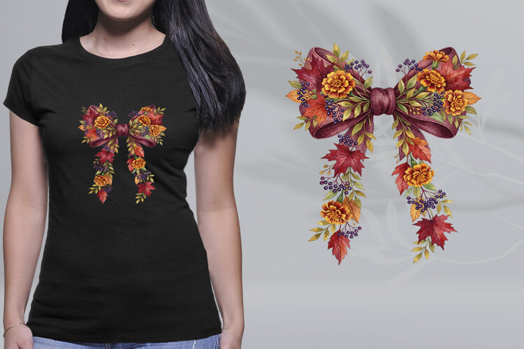 Watercolor Fall Floral Bow Autumn Leaves Berries PNG example image 1