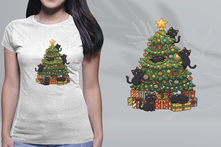 Kawaii Black Cats Christmas Tree Gifts PNG example image 1