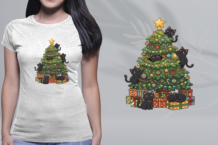 Kawaii Black Cats Christmas Tree Gifts PNG