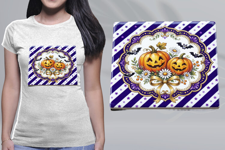 Vintage Halloween Pumpkins Tile Coaster Graphic PNG example image 1