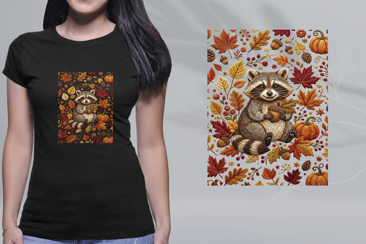 Embroidered Autumn Raccoon Acorn Leaves Pumpkin PNG example image 1