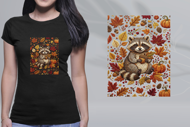 Embroidered Autumn Raccoon Acorn Leaves Pumpkin PNG