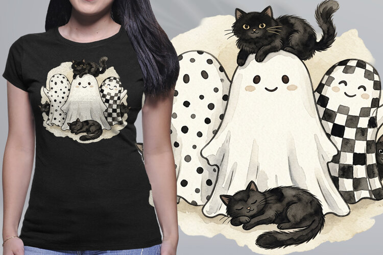 Vintage Watercolor Ghost Black Cats Halloween PNG example image 1