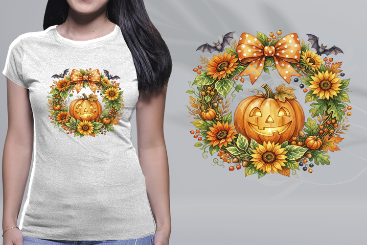 Watercolor Pumpkin Sunflower Wreath Bow PNG
