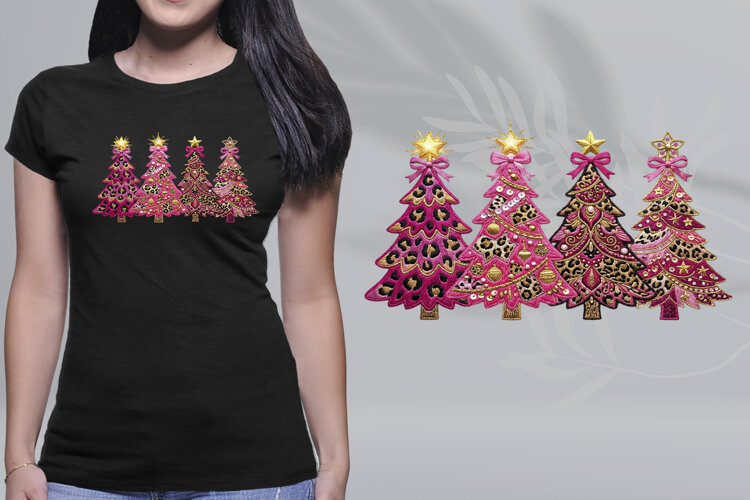 Embroidered Pink Leopard Christmas Trees PNG example image 1