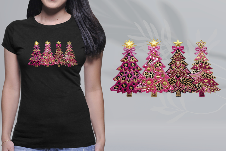 Embroidered Pink Leopard Christmas Trees PNG