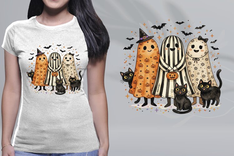 Cute Ghost Black Cat Halloween Shirt PNG Sublimation example image 1