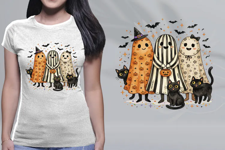 Cute Ghost Black Cat Halloween Shirt PNG Sublimation