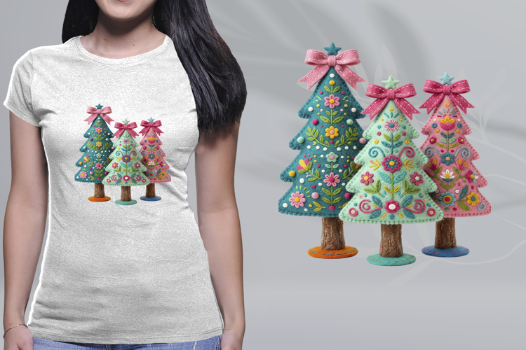 Felt Embroidered Christmas Trees Trio Pink Bows PNG