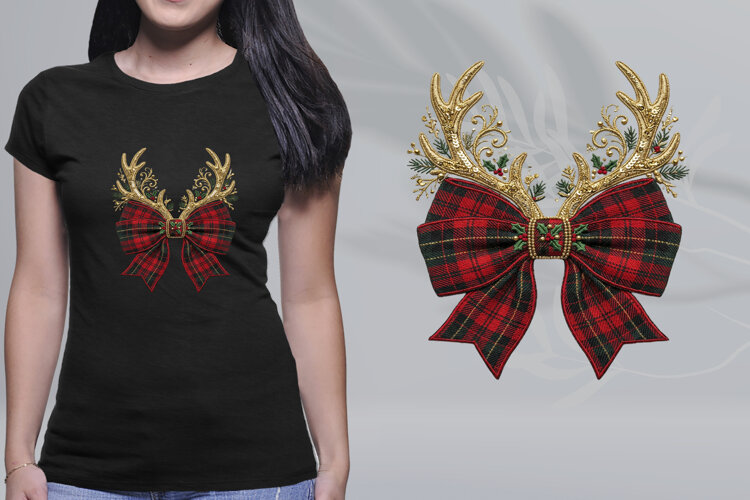 Embroidered Tartan Plaid Christmas Bow Antlers PNG example image 1