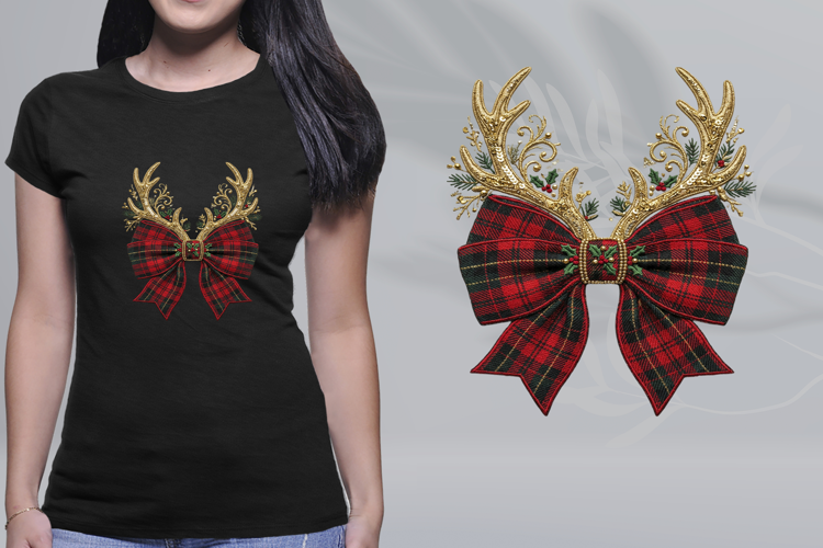 Embroidered Tartan Plaid Christmas Bow Antlers PNG