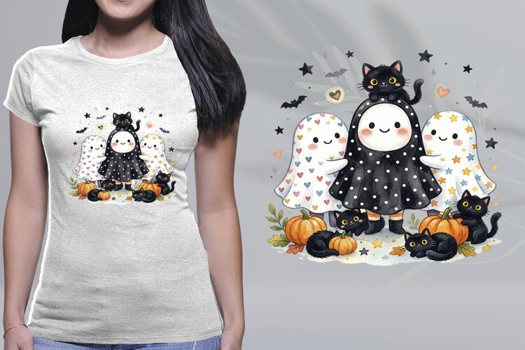 Cute Watercolor Halloween Ghosts Black Cats Pumpkins PNG example image 1
