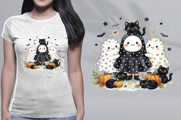 Cute Watercolor Halloween Ghosts Black Cats Pumpkins PNG