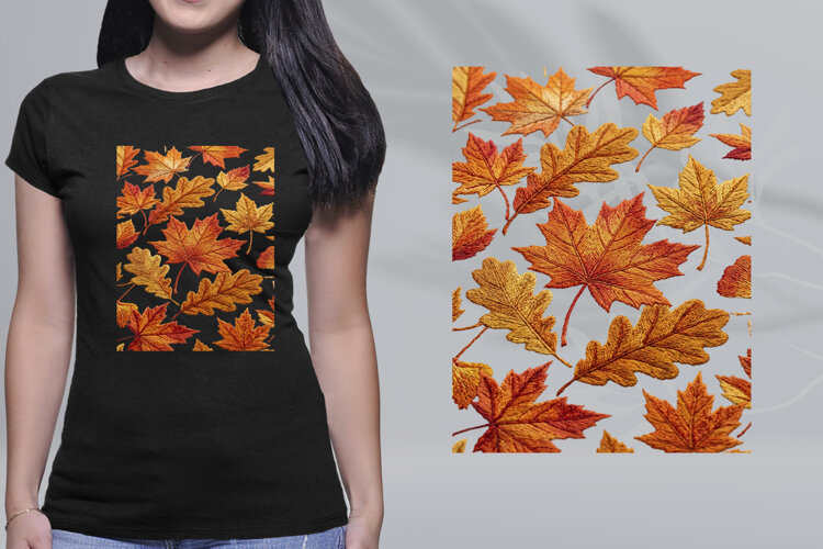Embroidered Autumn Leaves Fall Seamless Pattern PNG example image 1