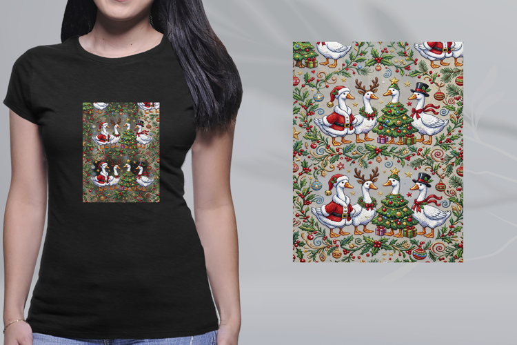Embroidered Christmas Geese Pattern Holiday PNG