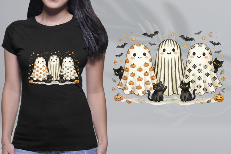 Cute Watercolor Halloween Ghosts Black Cats PNG example image 1