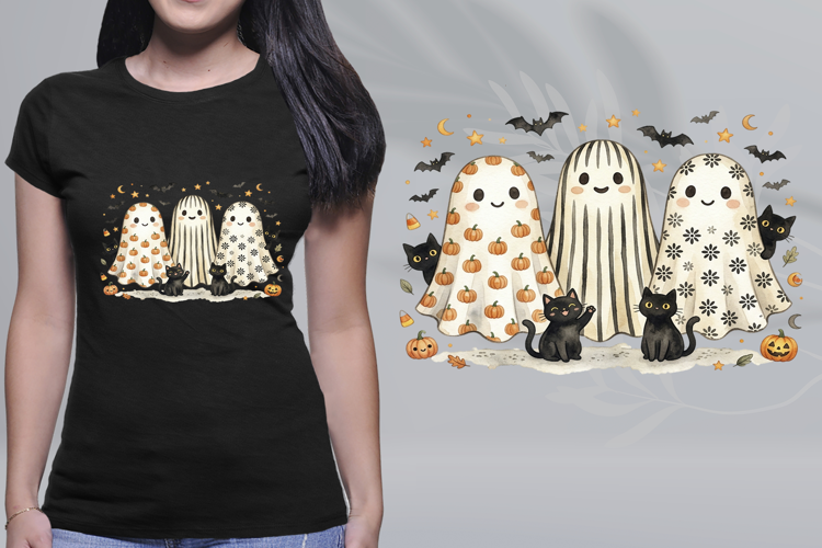 Cute Watercolor Halloween Ghosts Black Cats PNG